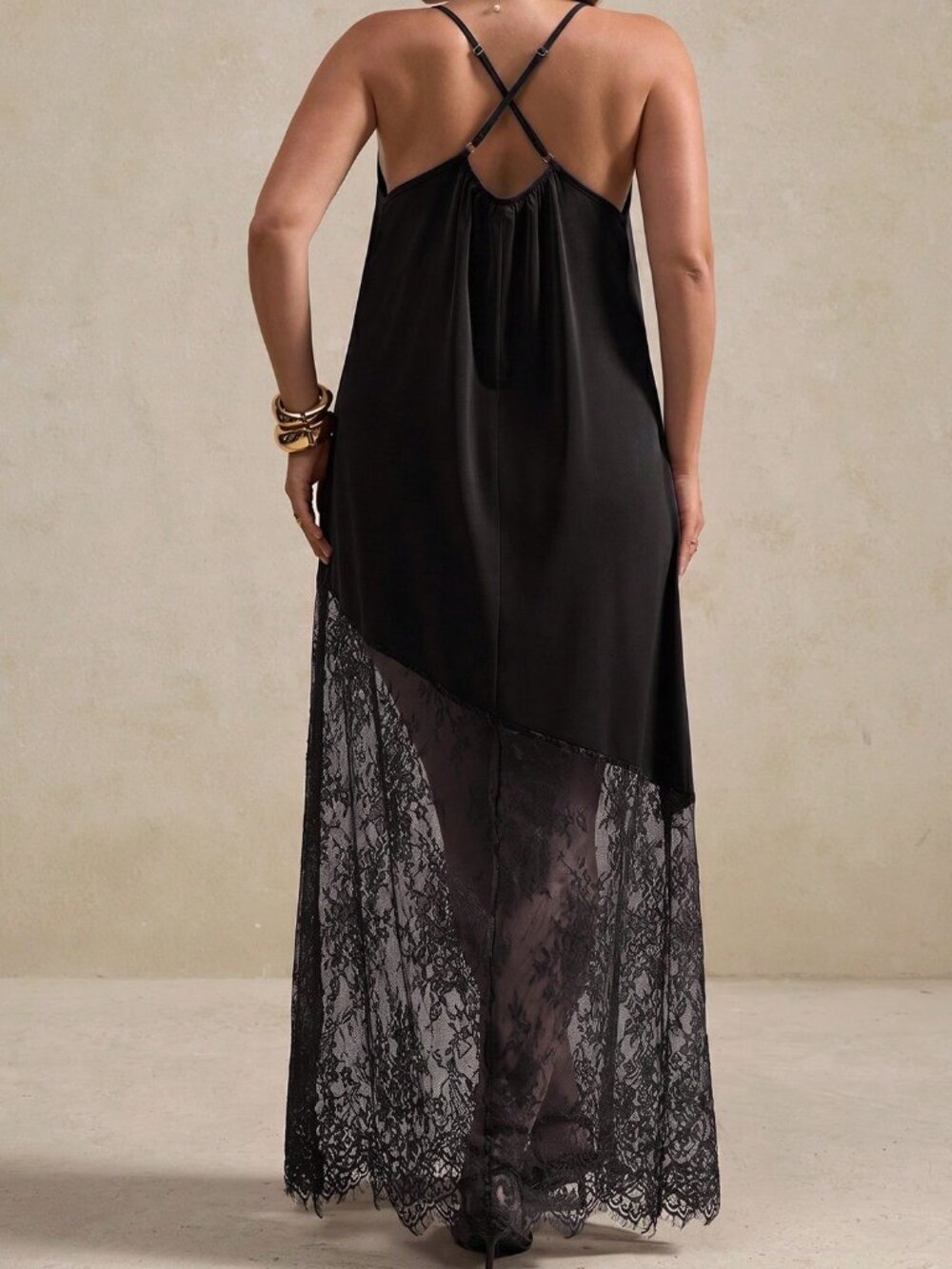 Black Elegant Women's Contrast Lace Flared Midi Cami Dress - Picture 2 of 5